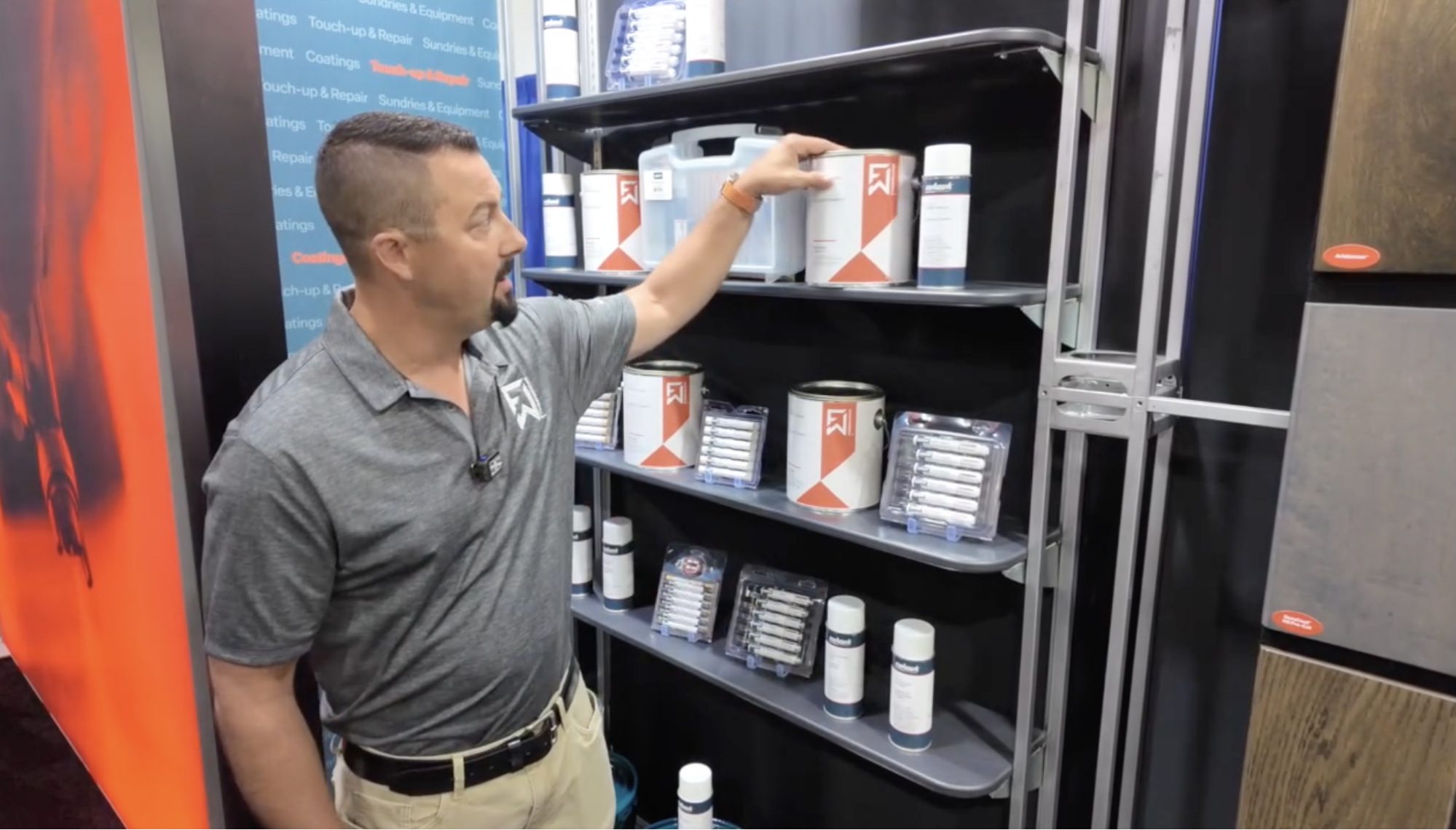 FinishWorks professional next to industrial shelf with finishing products